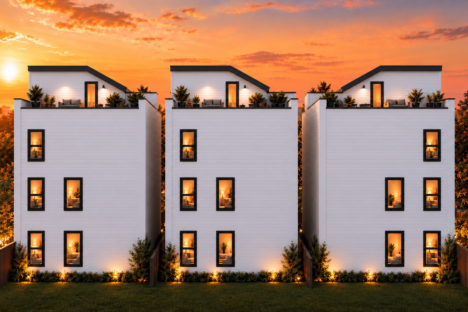 Sherwin Street townhome row at sunset with rooftop terraces