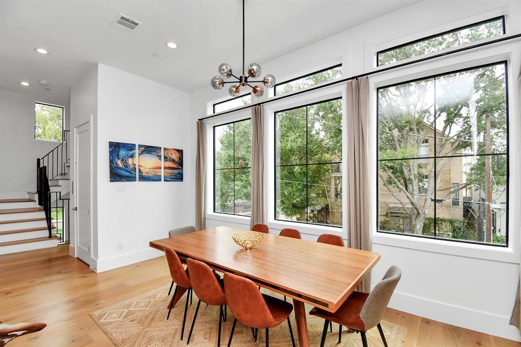 Dining room with oversized windows