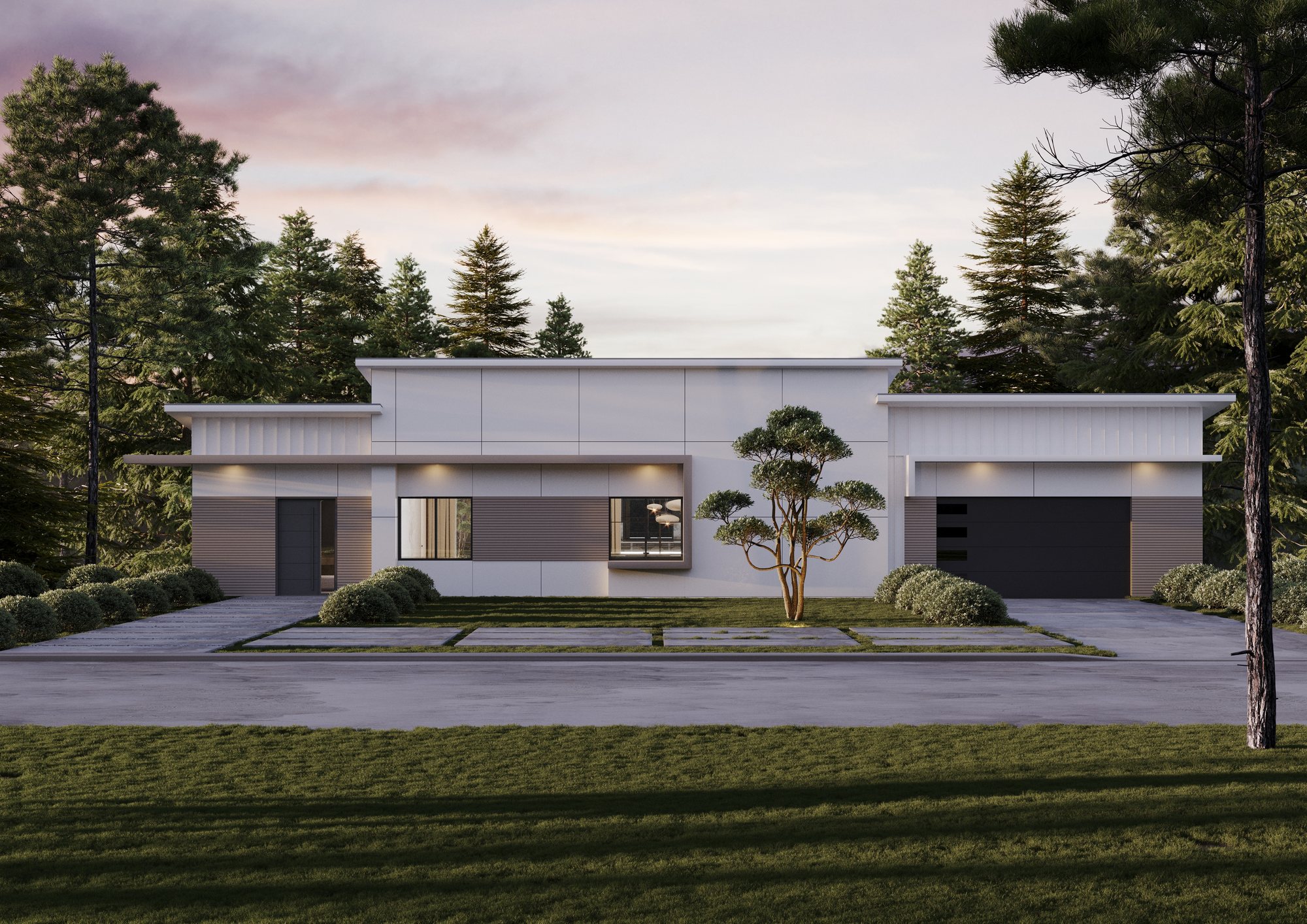 Apache Shores modern estate front elevation at dusk