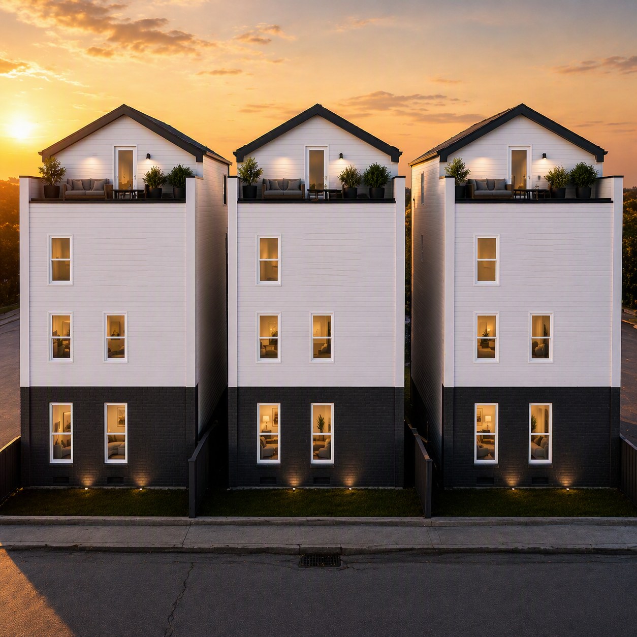 Sherwin Street townhome row at sunset with rooftop terraces