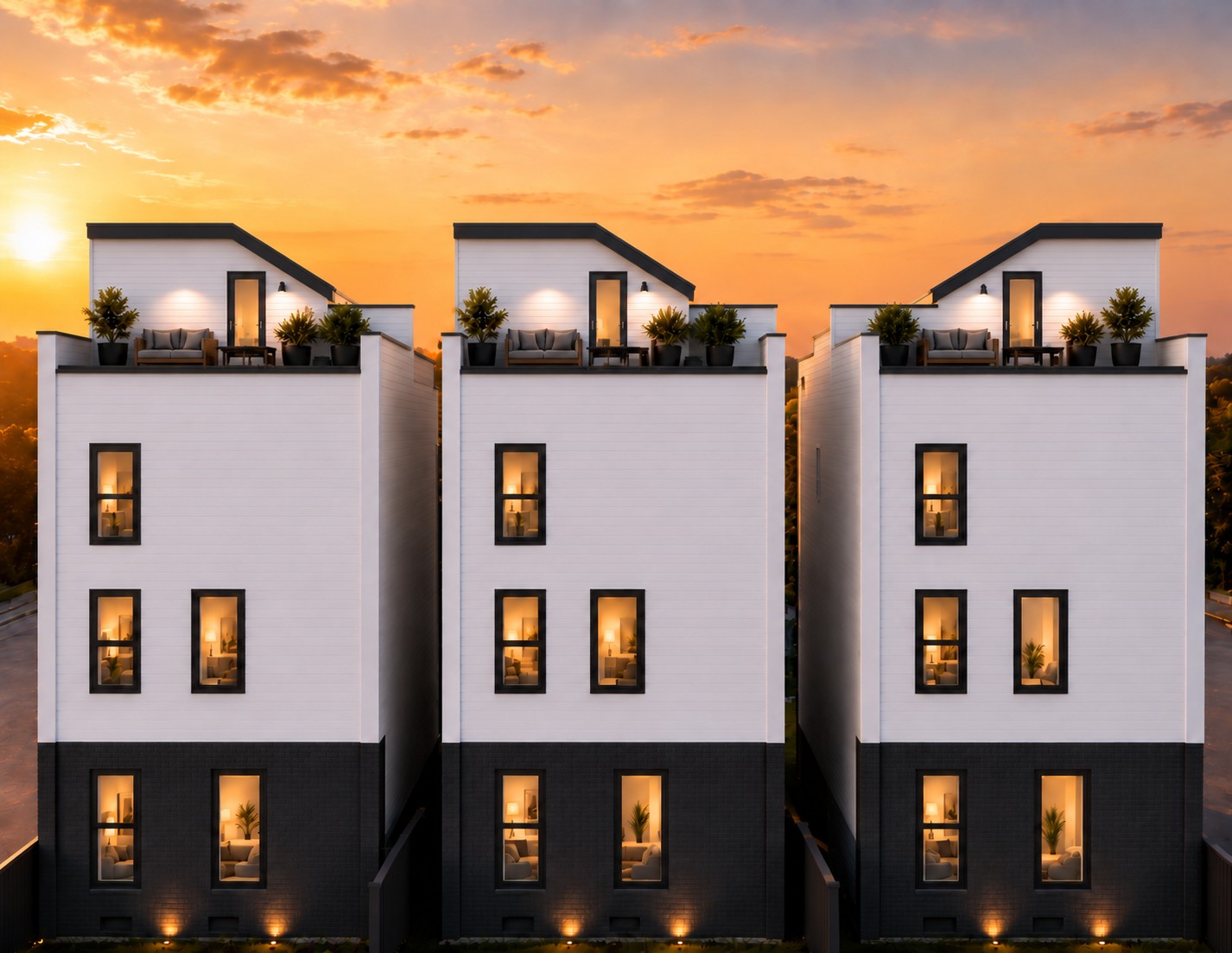Sherwin Street townhome row at sunset with rooftop terraces