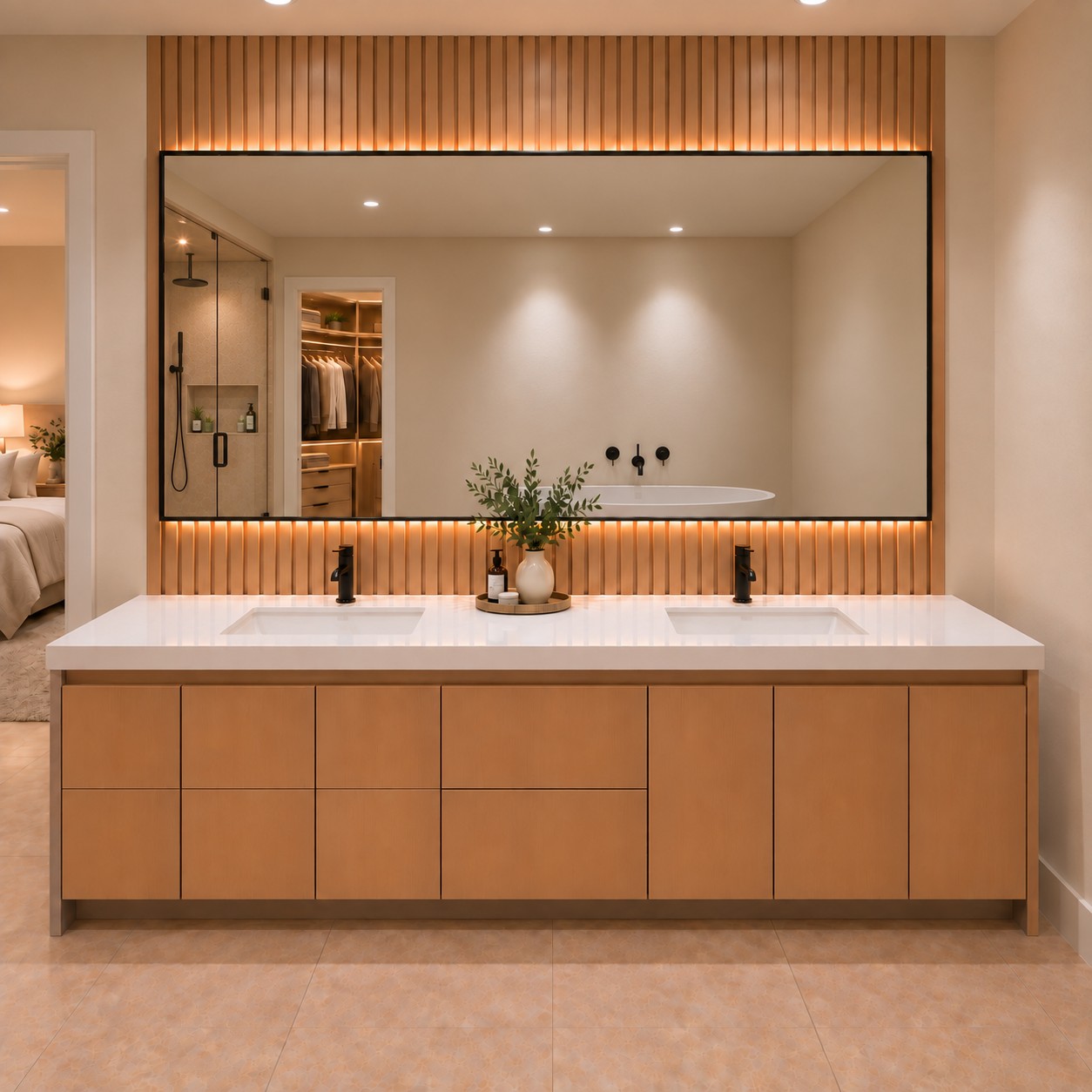 Sherwin Street primary bathroom double vanity with backlit slat wall